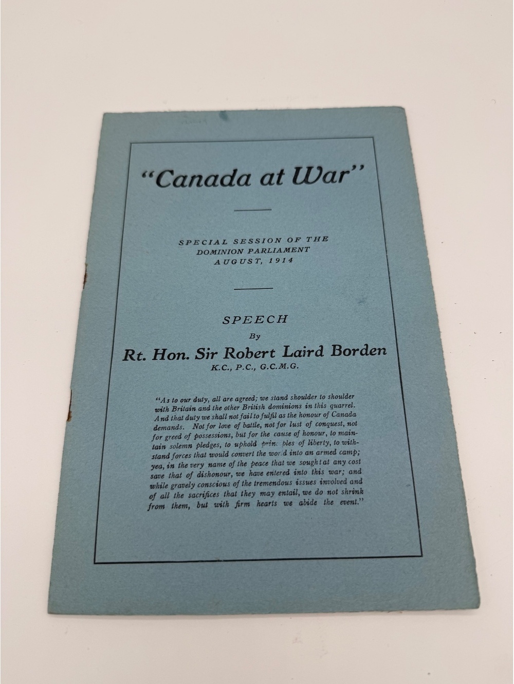 1914 Canada @War Speech Booklet Sir Robert Borden WWI Special Session Parliament